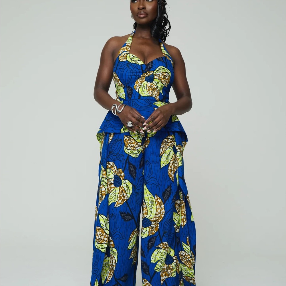 Elegant African Ankara Print Blue and Yellow Floral Two Piece